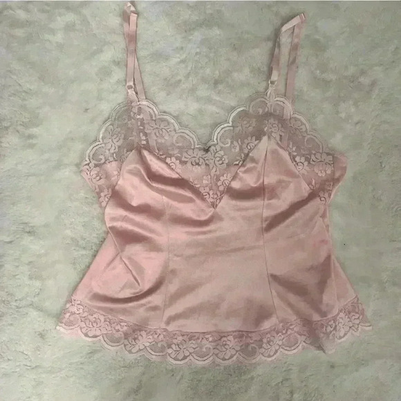 VTG Pink Satin Lace Trim Camisole Top W/Rose Applique Size XS Coquette Romantic - Picture 6 of 12